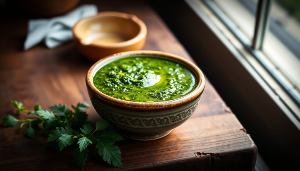 A bowl of chimichurri sauce with fresh herbs, relevant for keto diet discussions.