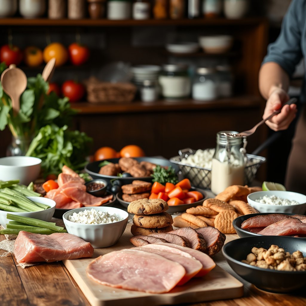 A variety of keto-friendly ingredients for making cookies, including almond flour and sugar alternatives.