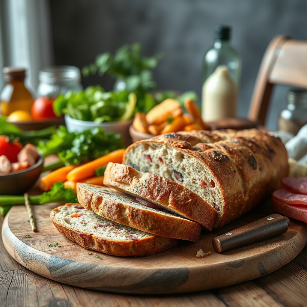 An array of common ingredients used in keto bread, including almond flour, eggs, and flaxseed.