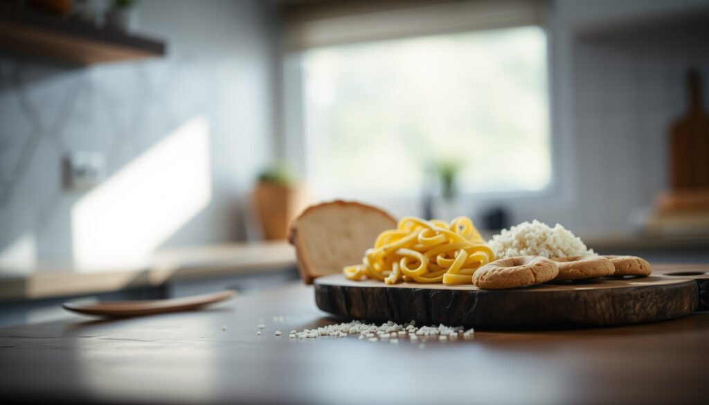 A selection of foods to avoid on a keto diet, including bread, pasta, and sugary snacks.