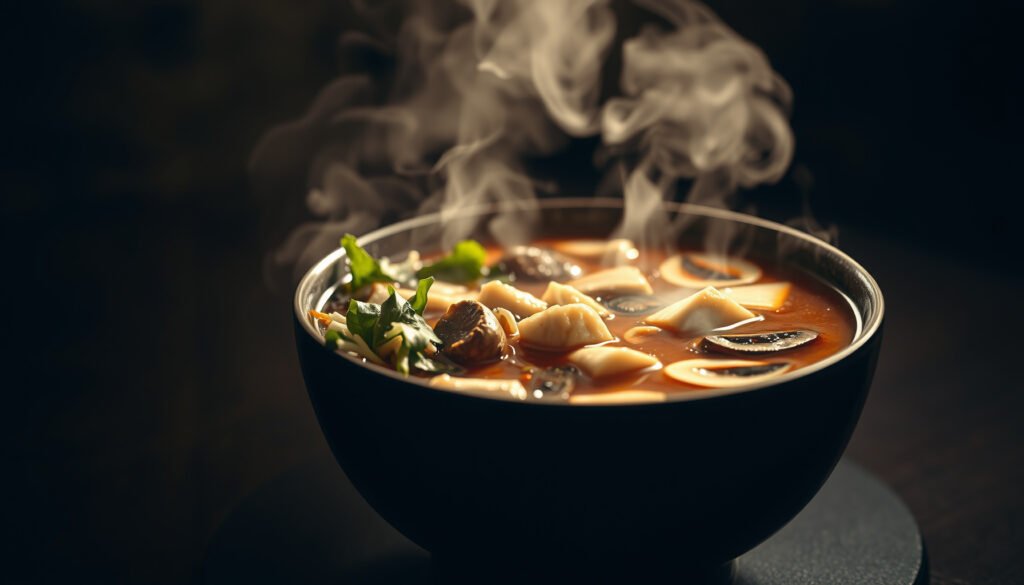 A bowl of hot and sour soup, featuring ingredients suitable for a keto diet.