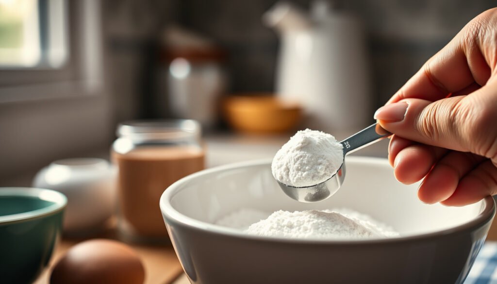 A close-up of baking powder with keto-friendly ingredients and measuring spoons, exploring its compatibility with a keto diet