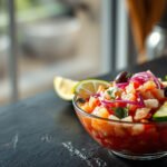 A colorful plate of ceviche made with fresh fish and keto-friendly ingredients.