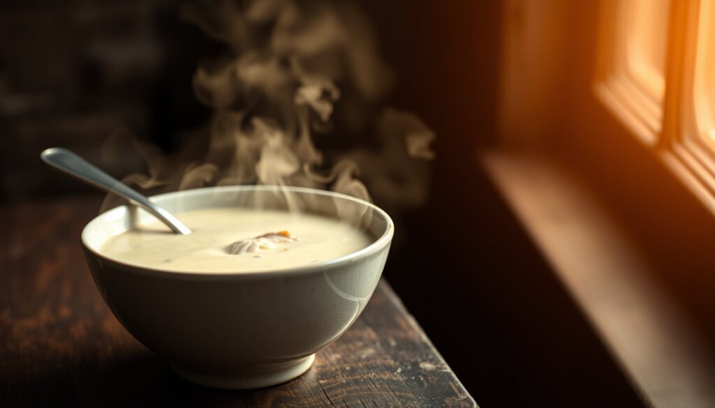 A bowl of cream of chicken soup with keto-friendly ingredients, perfect for low-carb diets.