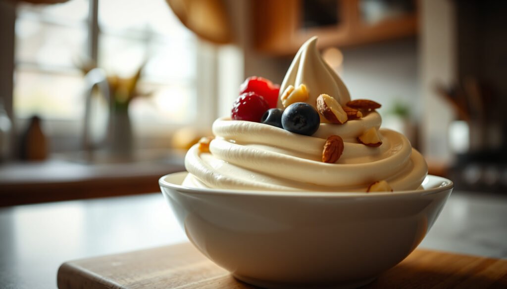 Frozen yogurt in a bowl with toppings, exploring its keto-friendly aspects.
