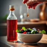 A bottle of red wine vinegar with keto-friendly ingredients and benefits highlighted.