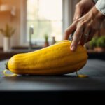 A vibrant yellow squash on a wooden table, representing its keto-friendly benefits and net carbs.