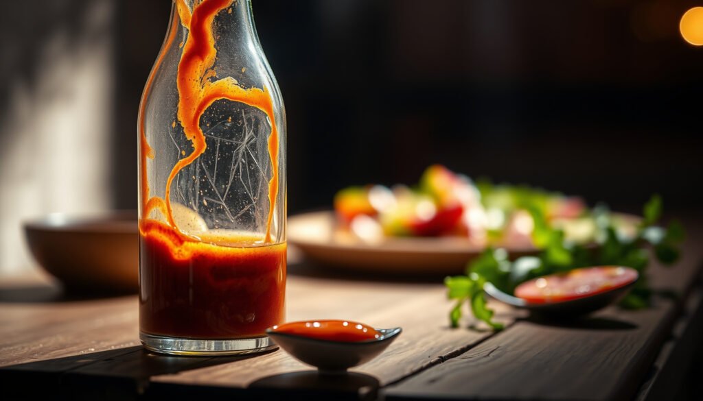 A bottle of Italian dressing with fresh vegetables, exploring keto-friendly options.