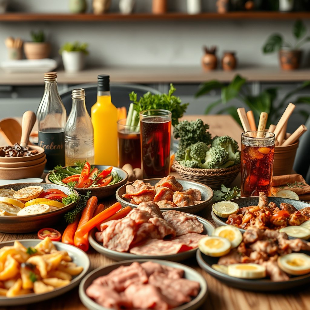 A selection of foods allowed on a keto diet, including vegetables, meats, and dairy products.