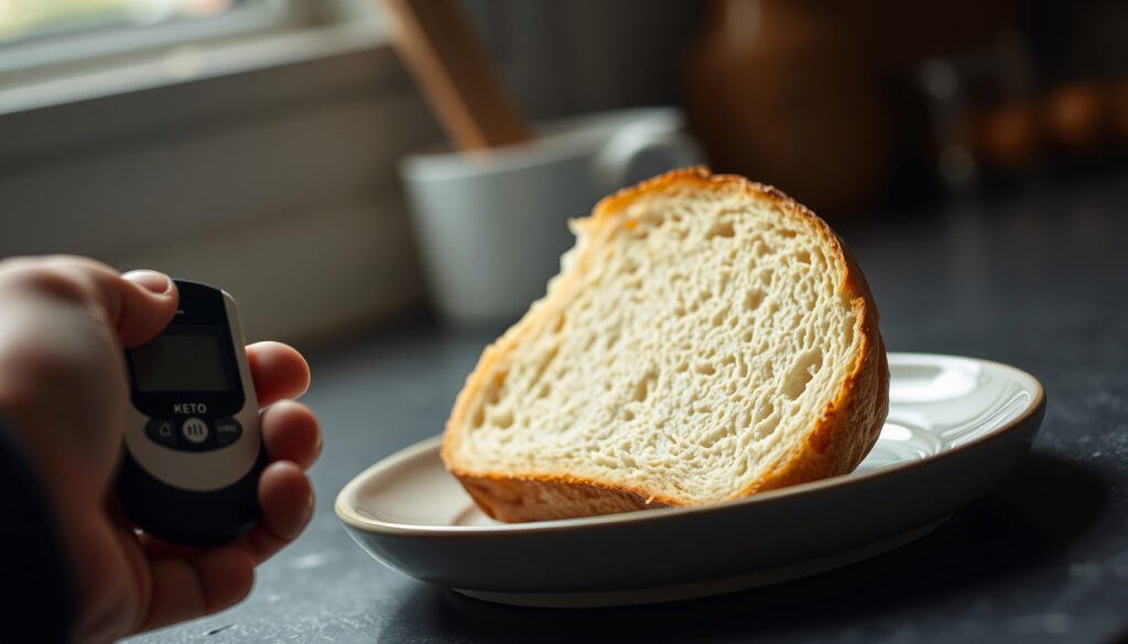 Keto bread on a table with text overlay discussing blood sugar spikes and expectations.