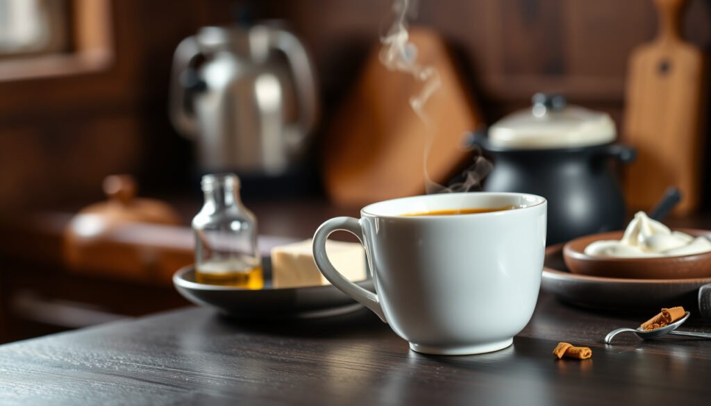 A variety of ingredients used in keto coffee, including butter, MCT oil, and coffee beans.