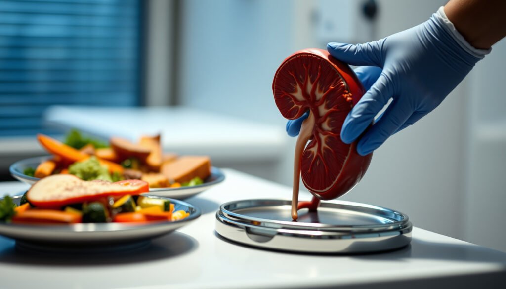 Illustration of kidneys with keto diet foods, discussing the impact of keto on kidney health
