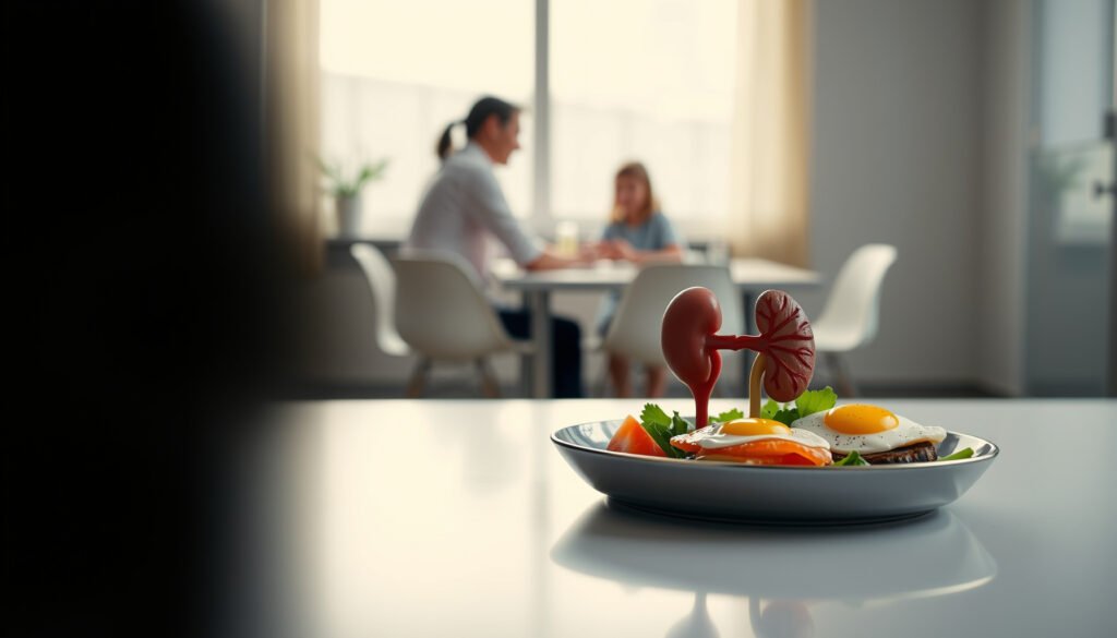 A visual representation of the keto diet's impact on kidney health, featuring food items and kidney illustrations.