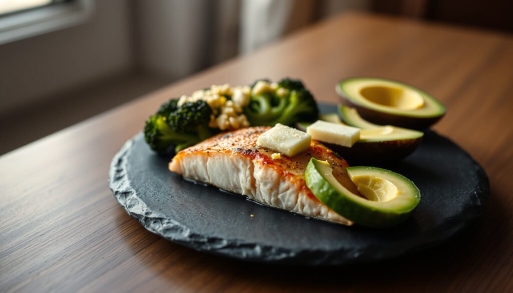 An assortment of keto-friendly foods including avocados, nuts, and leafy greens.