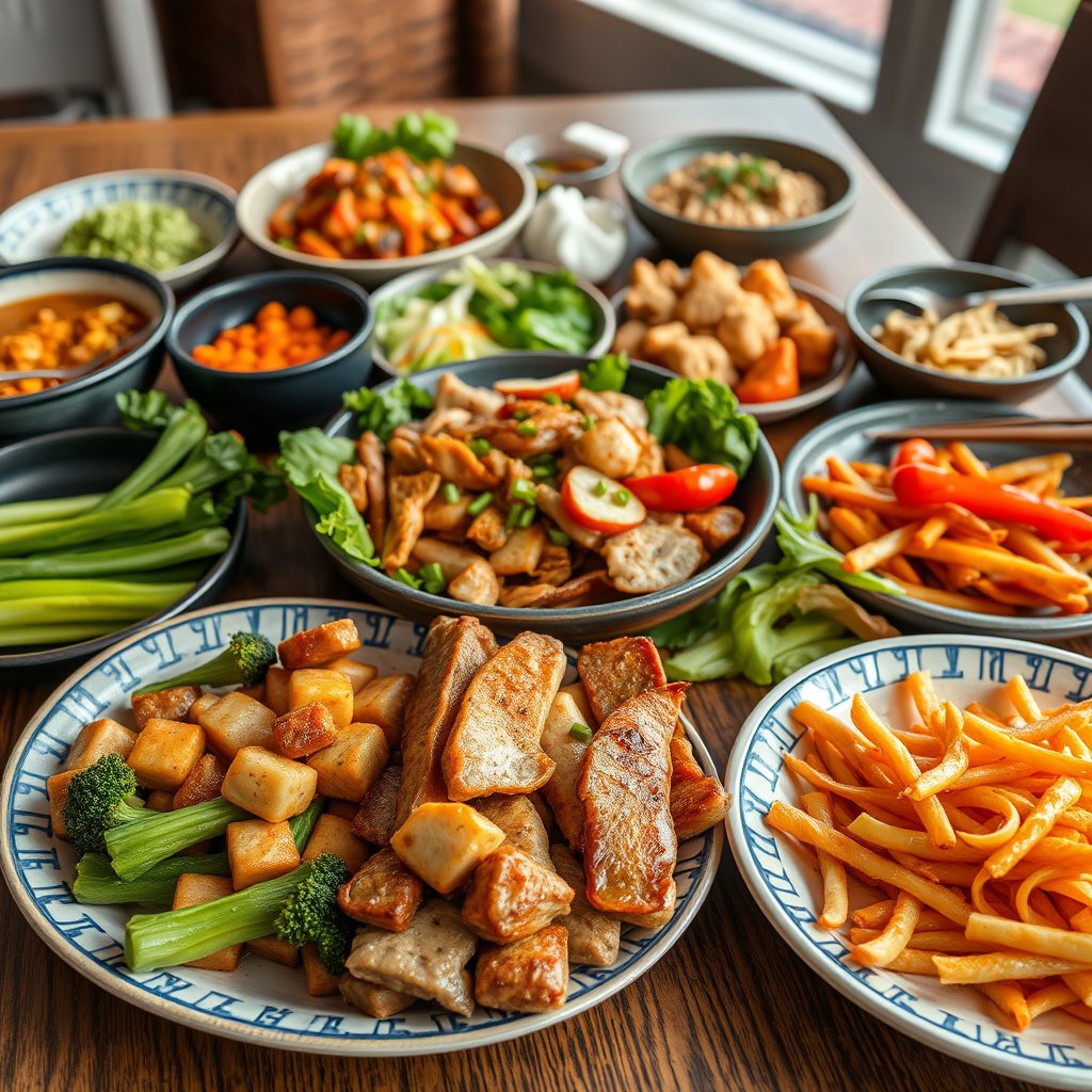 A variety of Chinese dishes with keto-friendly options highlighted, illustrating what to order and avoid.