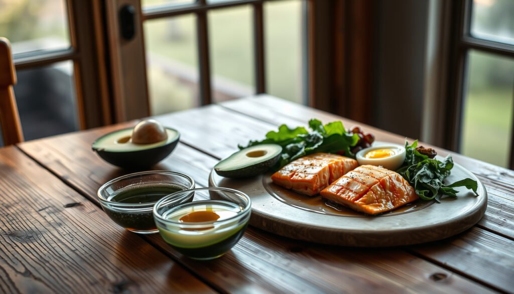 A variety of keto-friendly foods including avocados, nuts, and leafy greens for a healthy diet.
