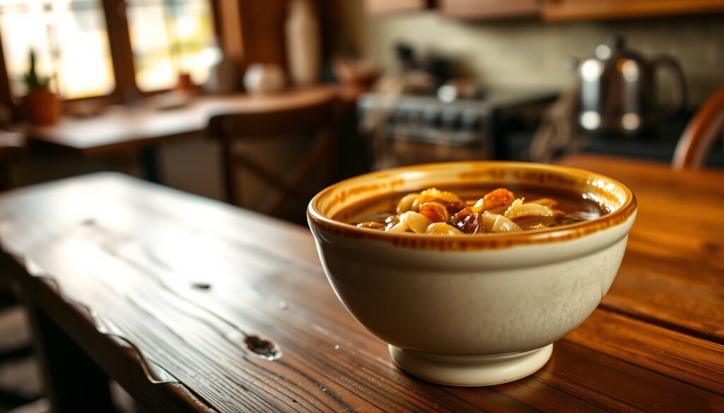 A bowl of French onion soup without bread, highlighting its keto-friendly ingredients.