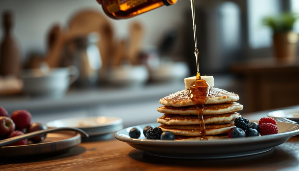 A bottle of maple syrup with keto-friendly foods, exploring if maple syrup can fit into a keto diet.