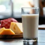 A glass of milk with keto diet foods, exploring if milk fits into a low-carb lifestyle.