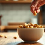 Illustration of peanuts with keto diet information on net carbs and portion sizes.