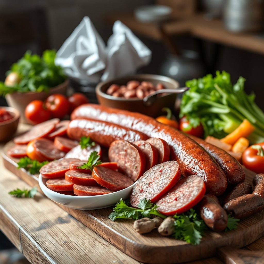 A plate of kielbasa with keto-friendly ingredients, illustrating what makes kielbasa suitable for a keto diet.
